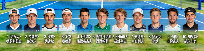 ATP男子网球世界排名前十选手的合成展示图，背景为网球场地