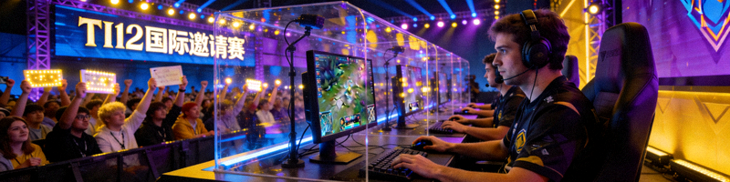 DOTA2国际邀请赛TI主舞台，选手在隔音房内专注比赛，现场气氛热烈