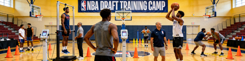 NBA选秀训练营现场，新秀球员进行体测和试训