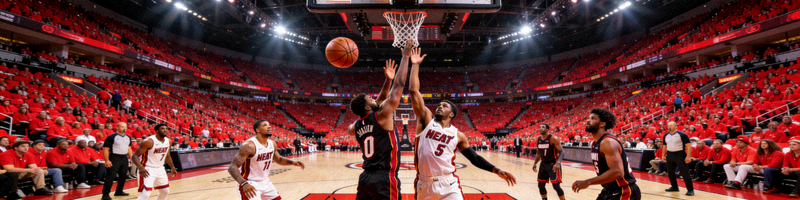 NBA总决赛赛场全景，球员争抢篮球的激烈瞬间