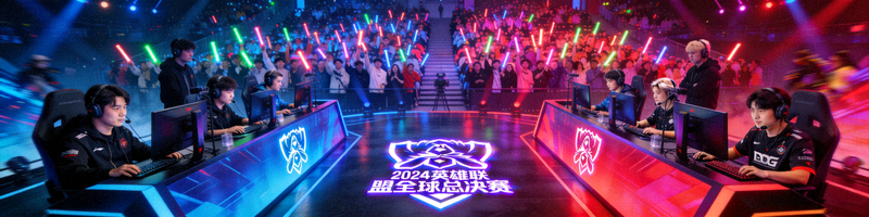 英雄联盟全球总决赛现场，两支战队在巨大的舞台和观众面前进行激烈对决